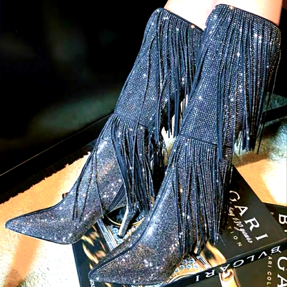 NWT Fringe Rhinestone Beaded Heeled Knee-High Boots Pointed Toe Metallic Boot - Picture 12 of 16